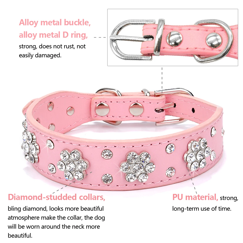 Rhinestone PU Leather Pet Dog Collar Bling Cute For Small Medium Dogs Chihuahua