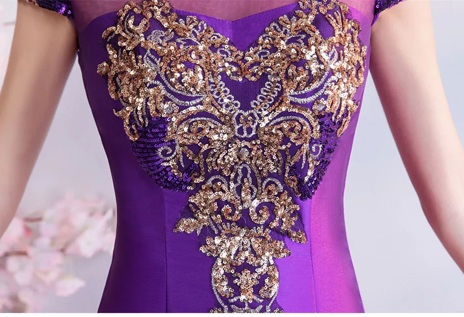 Vestido de fiesta de sirena de lentejuelas doradas y púrpuras, disfraz de Cheongsam violeta, vestidos largos de noche con espalda hueca, vestidos de fiesta de noche