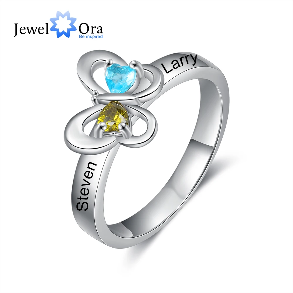 JewelOra Delicate Personalized Name Butterfly Ring with 2 Heart Birthstones Customized Engraved Rings for Women Couples Gifts