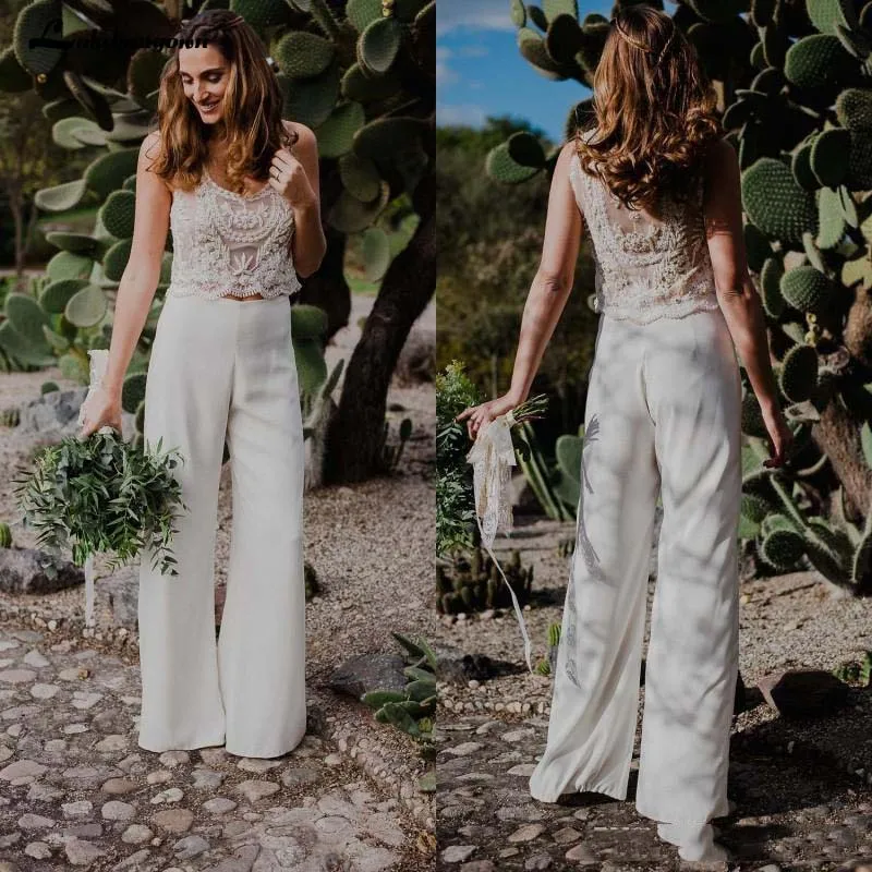 2023 Wedding Jumpsuit Two Pieces Lace Bodice A Line Scoop Neck Beach Wedding Dress Appliqued Bead Pant Long Robes De Mariée