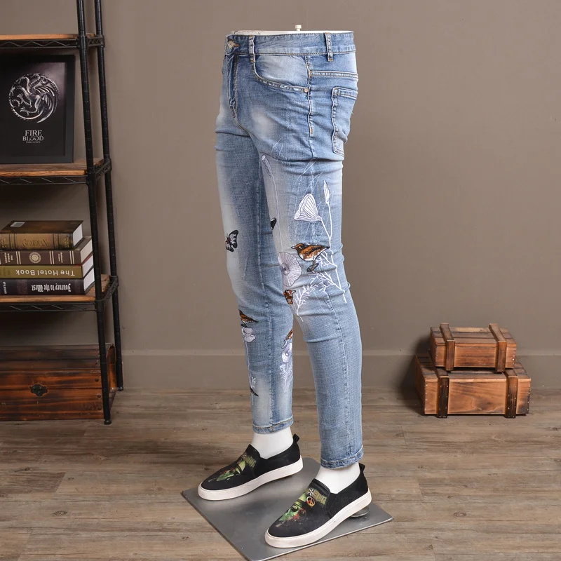 Design Harajuku Stretch Jeans Men Slim Flower Animal Embroidery Casual Denim Pencil Pants High Quality Summer Cargo Trousers