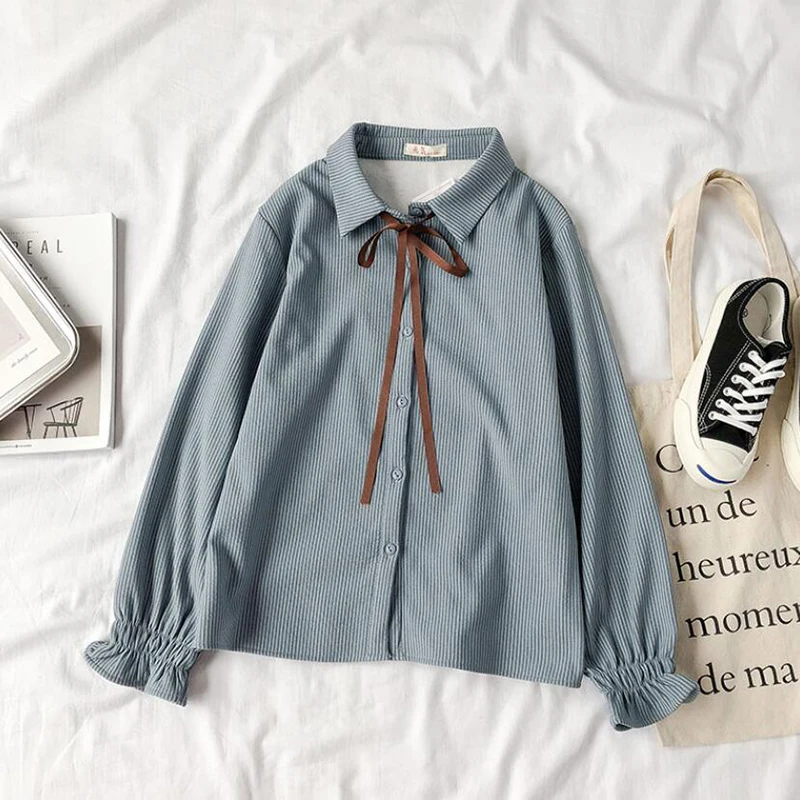 Flare Sleeve Women Shirt 2020 Spring Autumn Korean Sweet Bow Tie College style Blouse Shirts Elegant Women Blouses Casual Tops