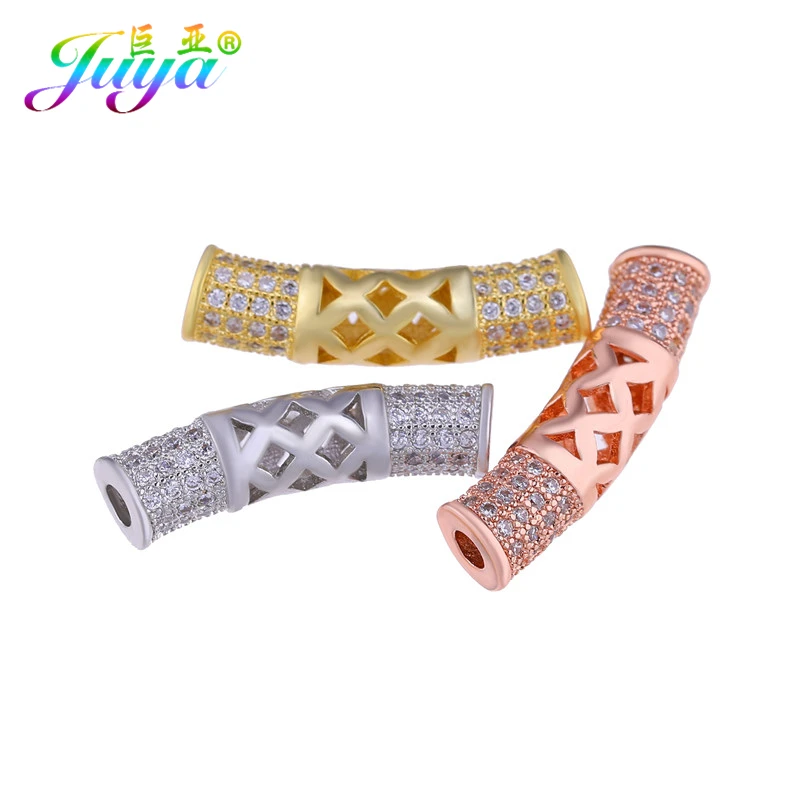 Juya DIY Gold/Rose Gold Micro Pave Zircon Metal Curved Tube Beads For Handmade Natural Stones Pearls Jewelry Making