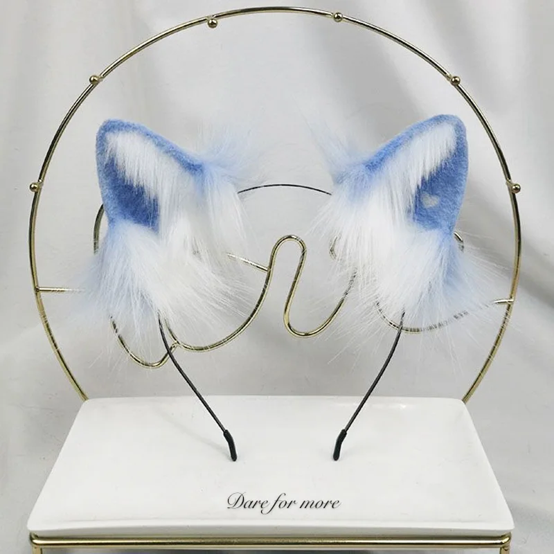 Handmade Ice blue Cat ears Hairpin Cosplay hair band KC headwear cos simulation fold-ear Animal hair Accessories