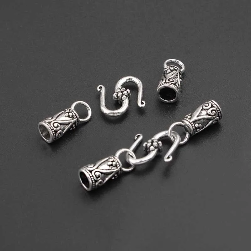 

10Sets Tibetan Silver Fold Over Snap Clasp End Cap Beads Fasteners For 4mm Round Leather Cord Bracelet Connectors Jewelry Making