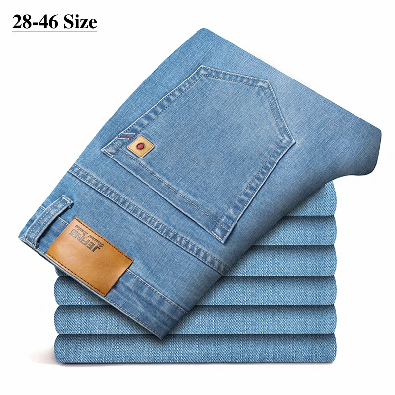 2023 Autumn Winter New Men's Light Blue Business Jeans Plus Size 42 44 46 Stretch Denim Straight-leg Pants Male Brand Trousers