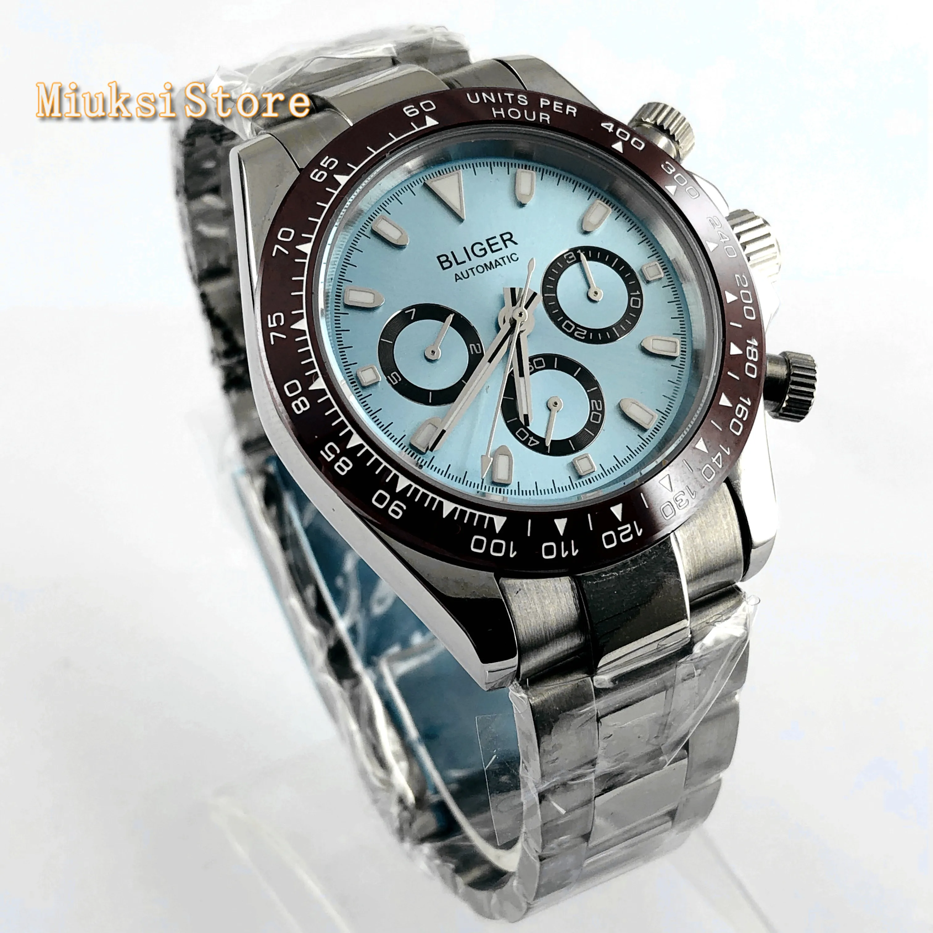 

Bliger 39mm mens top mechanical sport watch sapphire glass silver case blue dial ceramic bezel automatic watches