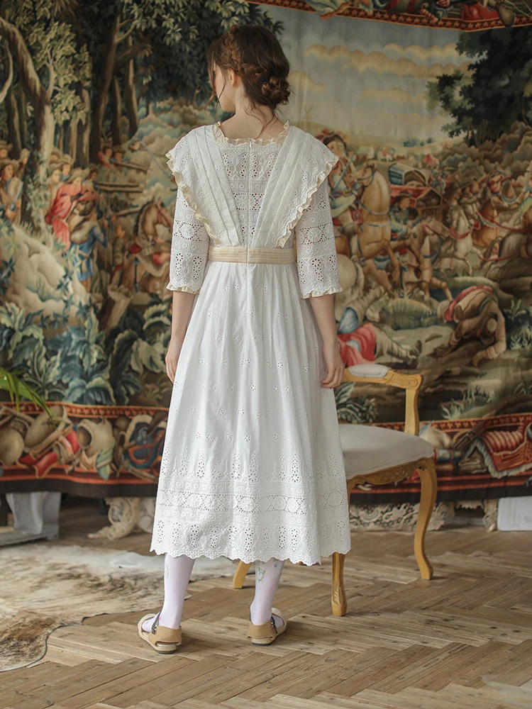 LYNETTE\'S CHINOISERIE Spring Autum New Original Design Women Victoria Vintage Mori Girls Hollow Out Embroidery Cotton Dresses