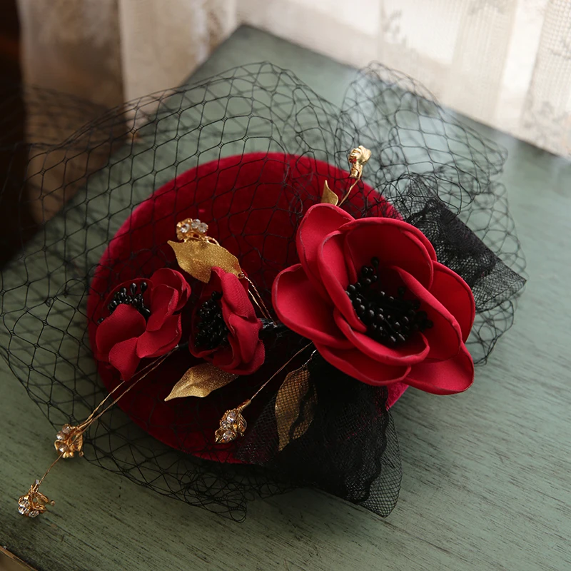 Vintage Ladies Mini Wedding Hat Burgundy Velvet Flower Bride Photo Shooting Headwear Derby Tea Party Fedora Hair Accessories New