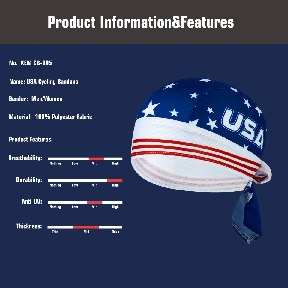 KEMALOCE 100% Polyester Head Blue USA Team Man Cycling head Cap Men Quick dry Sportswear Ciclismo Cabeza Bike Bandana