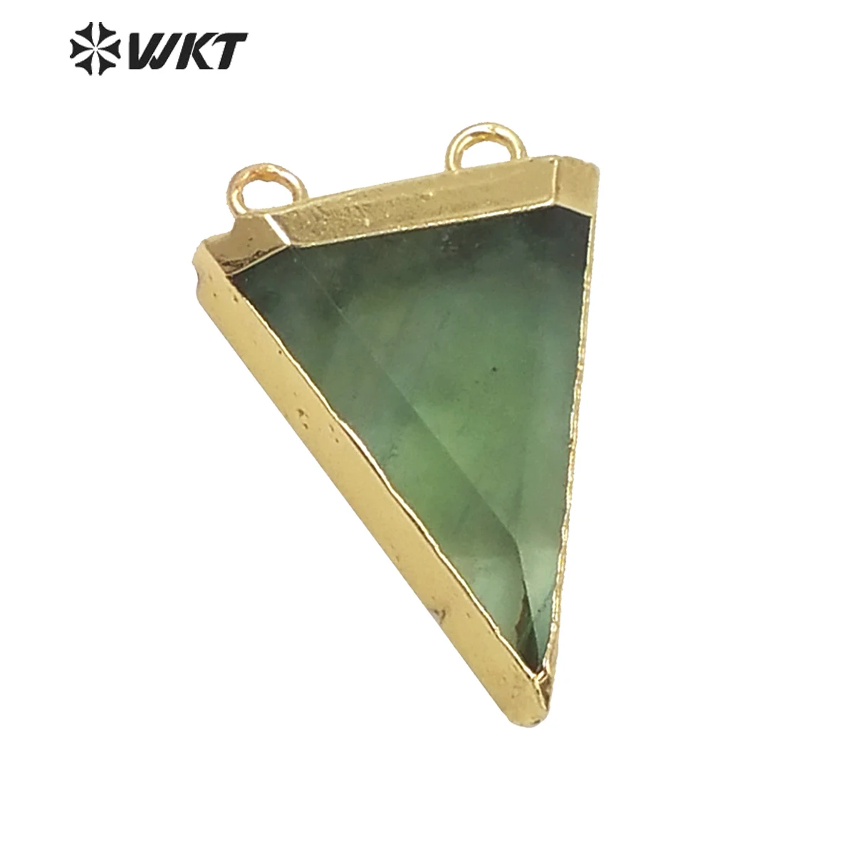 

WT-P733 Exclusive Rainbow Fluorite Pendants Natural Raw Triangle Shape Stone Double Loops With 18K Gold Trim Charms