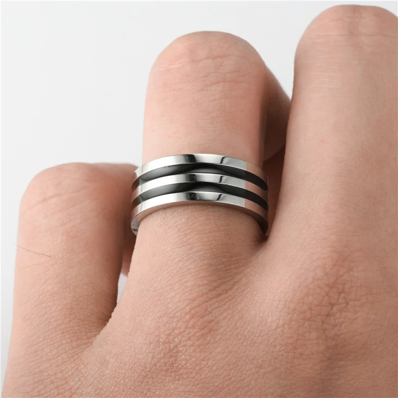 AsJerlya Charm Black Groove Women Men Polished Stainless Steel Ring Convention Jewelry Wedding Band Ring Valentine Gifts