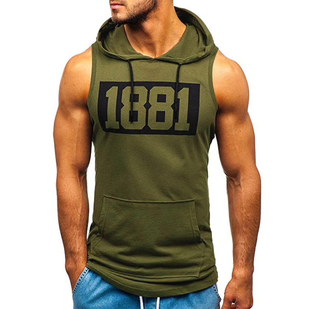 Sports Tank Tops Men Fitness Muscle Print Sleeveless Hooded Bodybuilding Pocket Tight-drying Tops Summer Shirt For Men Clothing