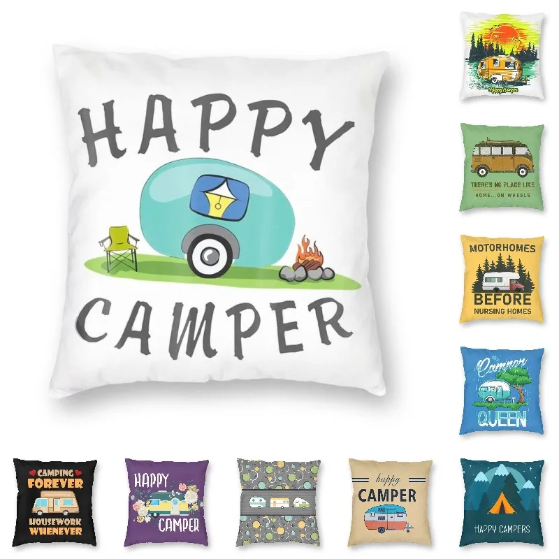 Happy Camping Trailer Camper Throw Pillow Case Home Decorative Custom Square Cushion Cover 40x40cm Pillowcover for Sofa