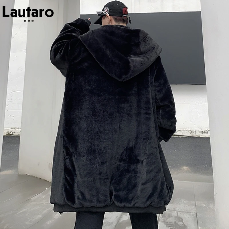 Lautaro Winter Long Oversized Black Warm Thick Soft Fluffy Faux Fur Coat Men with Hood Zipper Casual Loose Korean Fashion 2021