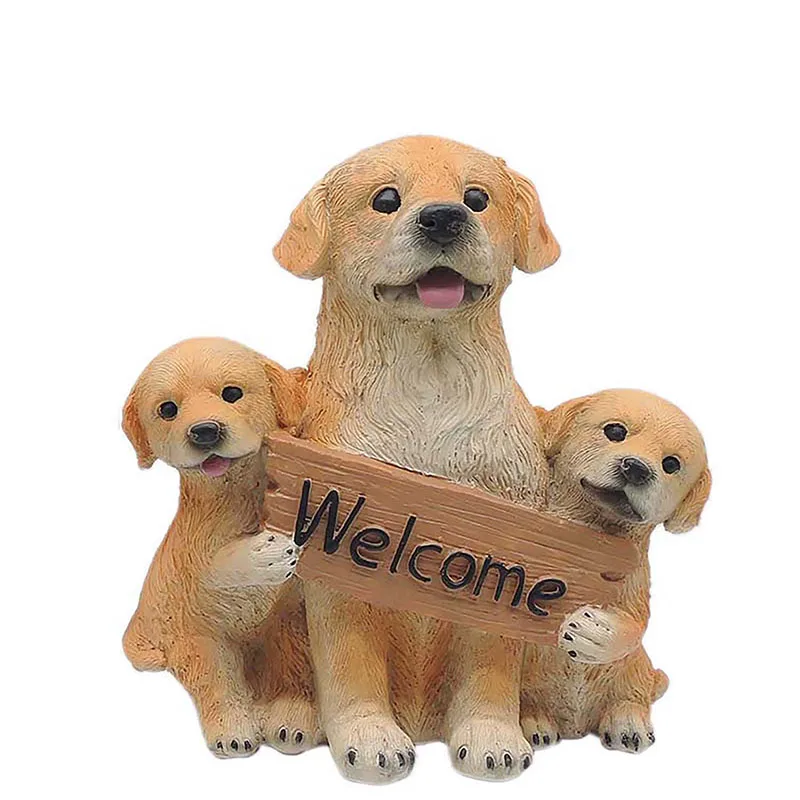 Golden Retriever Welcome Sign Statue Mother Dog and Two Puppies Garden Figurine Resin Crafts for Indoor and Outdoor Decoration