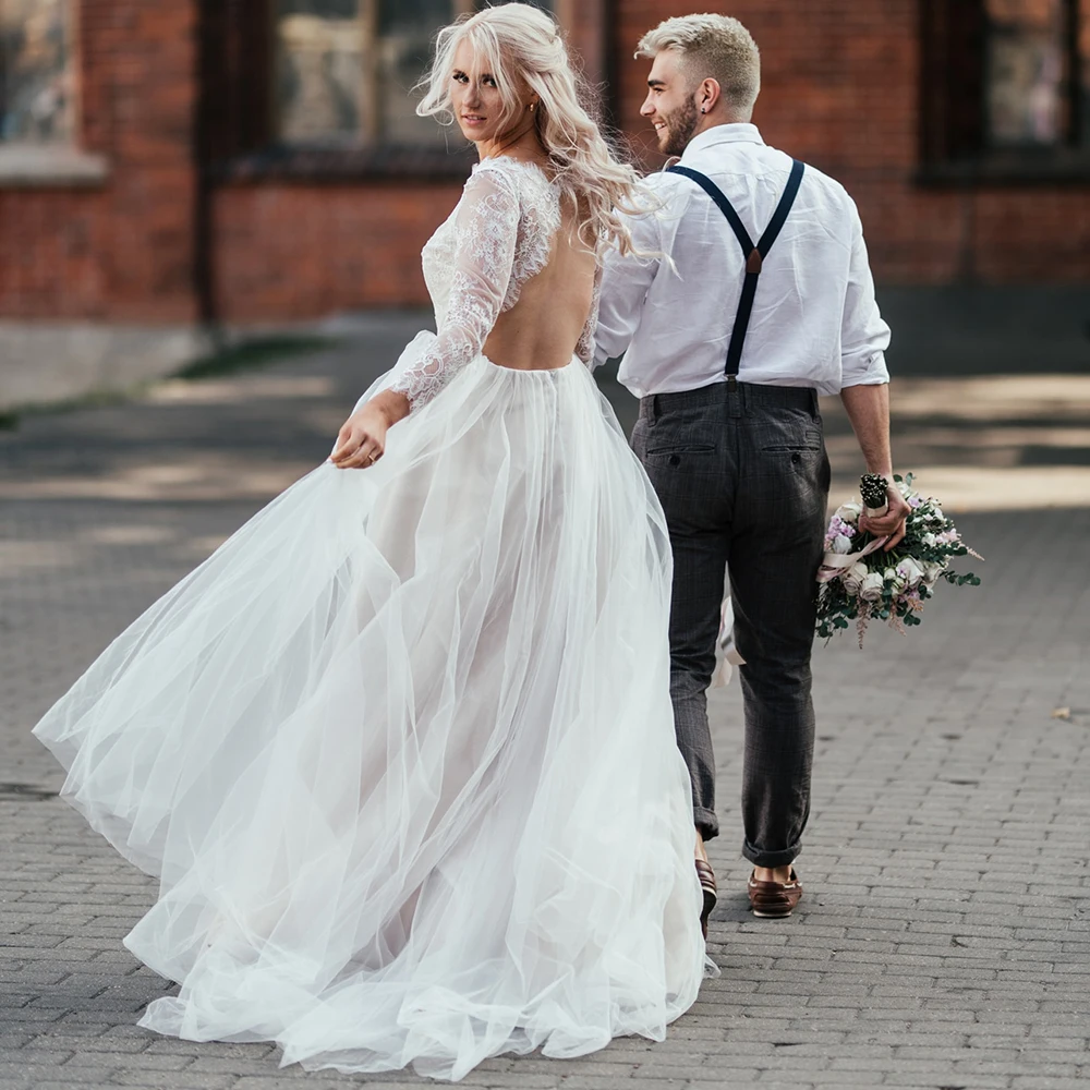 Manga larga cuello Barco de encaje vestido de tul para bodas una línea de cerradura Jardín de boda Boho, vestido de boda de playa