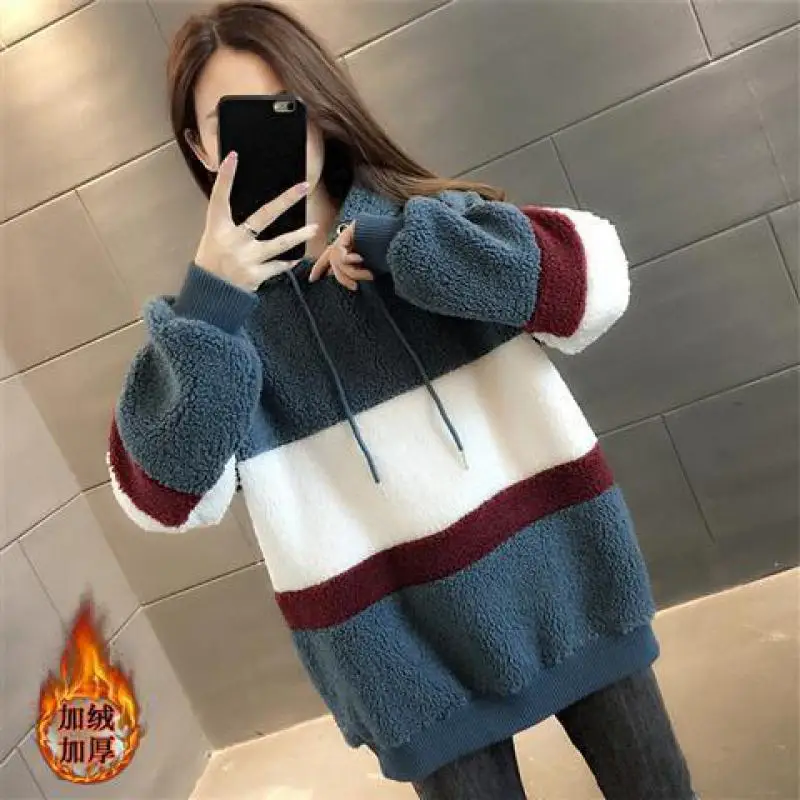 Winter New Products Lady Clothes Women Hoodie Keep Warm Lamb Wool Harajuku Sweatshirt Splicing Bean Green Coat Pullover Female