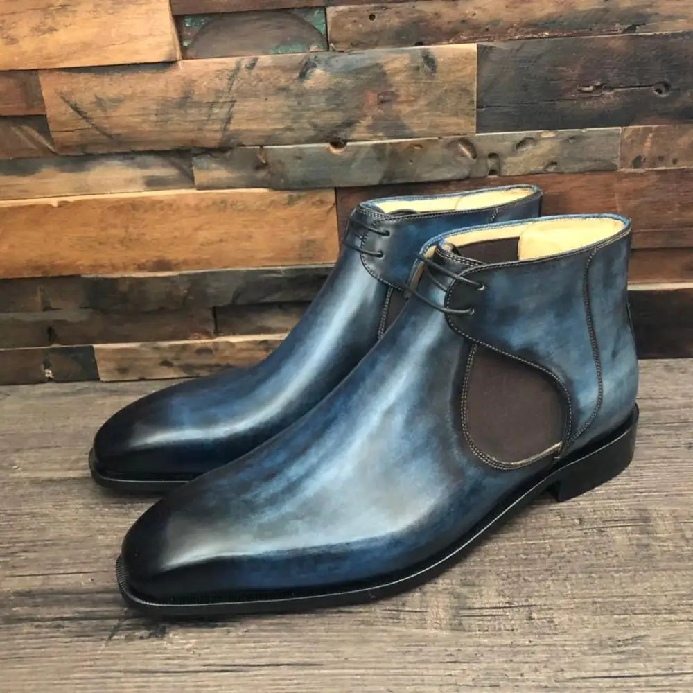 cie Blake Chelsea With Shoelace Blue Hand-Painted Leather Sole Boot Full Grain Calf Leather Handmade Breathable Men Shoes A211