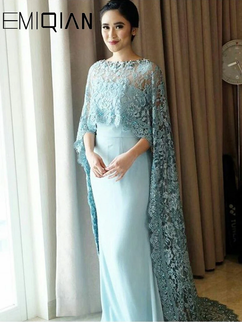 

Formal Evening Dresses with Long Lace Cape Long Lace Arabic Prom Formal Gown Dubai Kaftan Cape Islamic Evening Gown