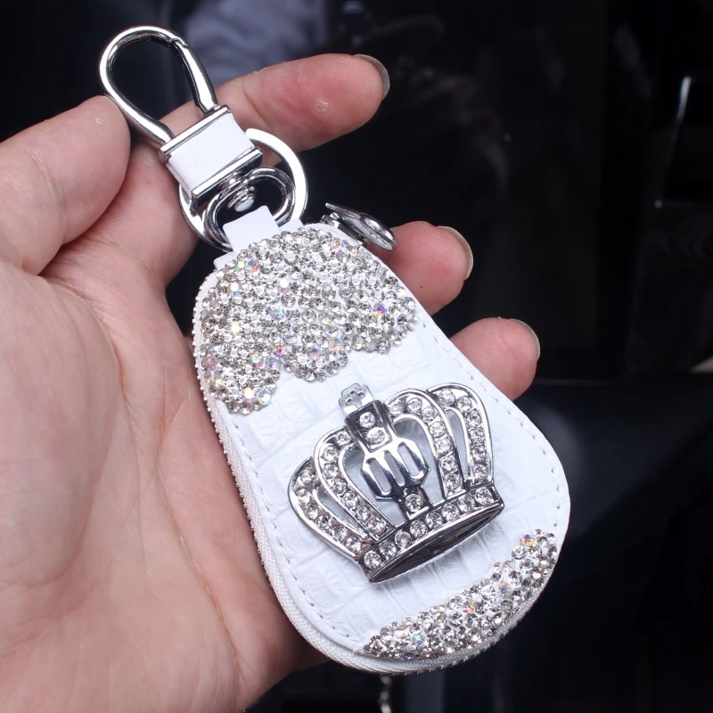 Rhinestones Car Key Holder Storage Case Crystal Diamond Keychains Key Cover Remote Key Bag with Crown Interior Accessories