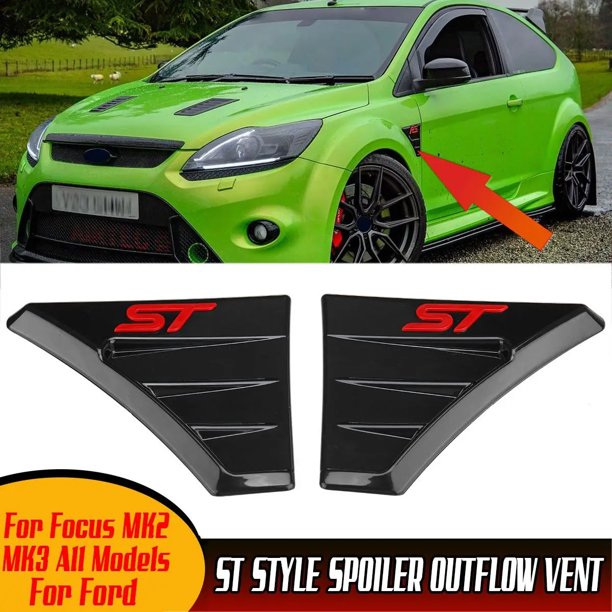 2 pezzi stile ST Spoiler deflusso sfiato auto cofano laterale aspirazione aria flusso porta laterale ala sfiato cappuccio per Ford per Focus MK2 MK3 RS ST