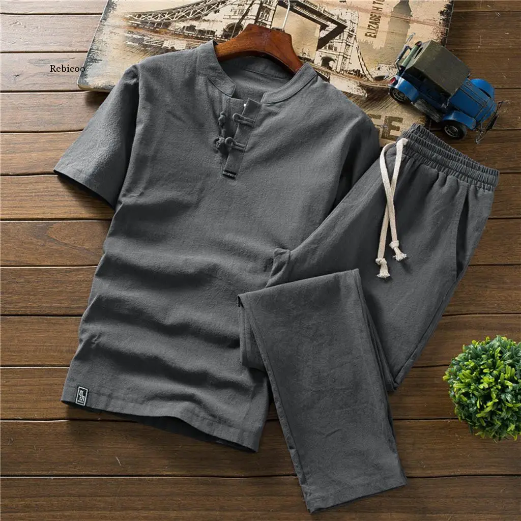 Summer Men Clothes Suit Men\'s Summer suit Large Size Loose Chinese  Cotton and Linen Short Sleeve T-shirt 2 piece Clothes