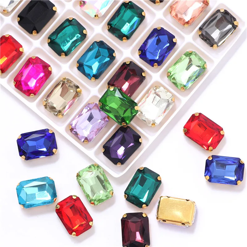 10x14mm 13x18mm Rectangle Shapes Crystal Glass Rhinestones with Golden Claw Sew on Gemstones For Garment Clothing Accessories