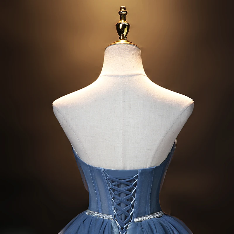 AnXin SH Vintage blaue Spitze glitzerndes Spaghettiträger ärmelloses Ballkleid Prinzessin Party Host Rüschen maßgeschneidertes Abendkleid