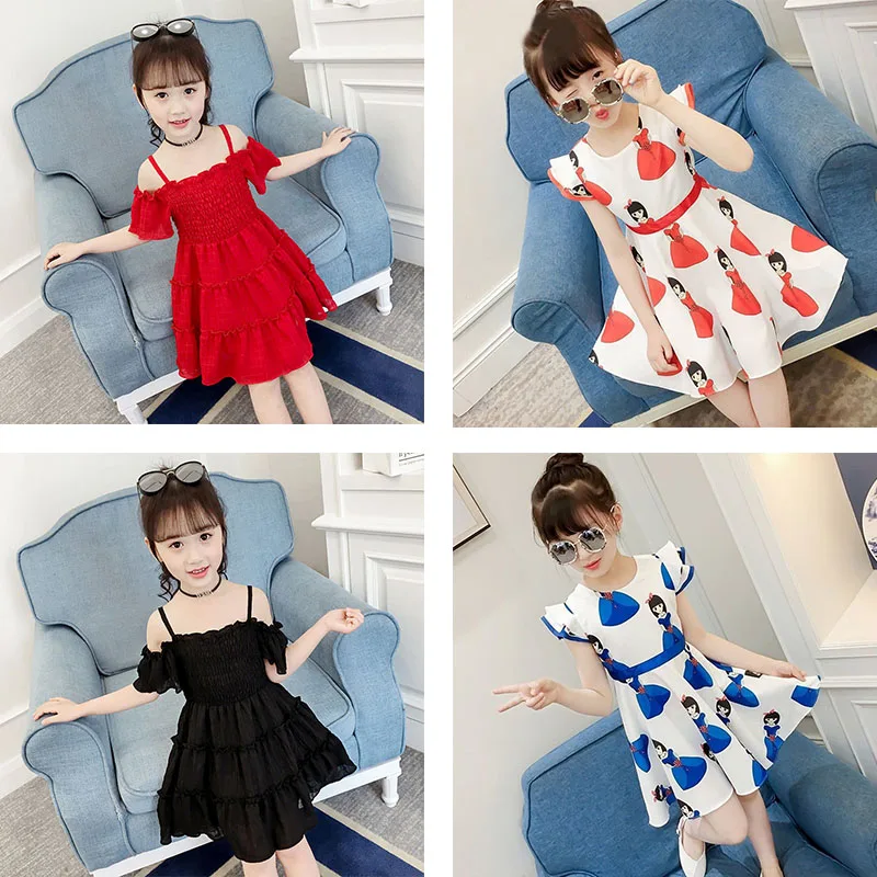 2022 New Summer Dress Off Shoulder Chiffon Solid 3-8 Years Old Children's Dress Little Girl New Fashionable Princess Skirt