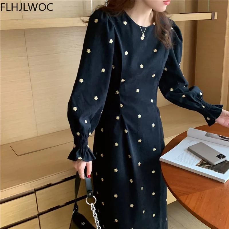 2021 Hot Sales Fenimine Vestidos Women Long Sleeve Office Lady White Dot Floral O Neck Retro Vintage Dress