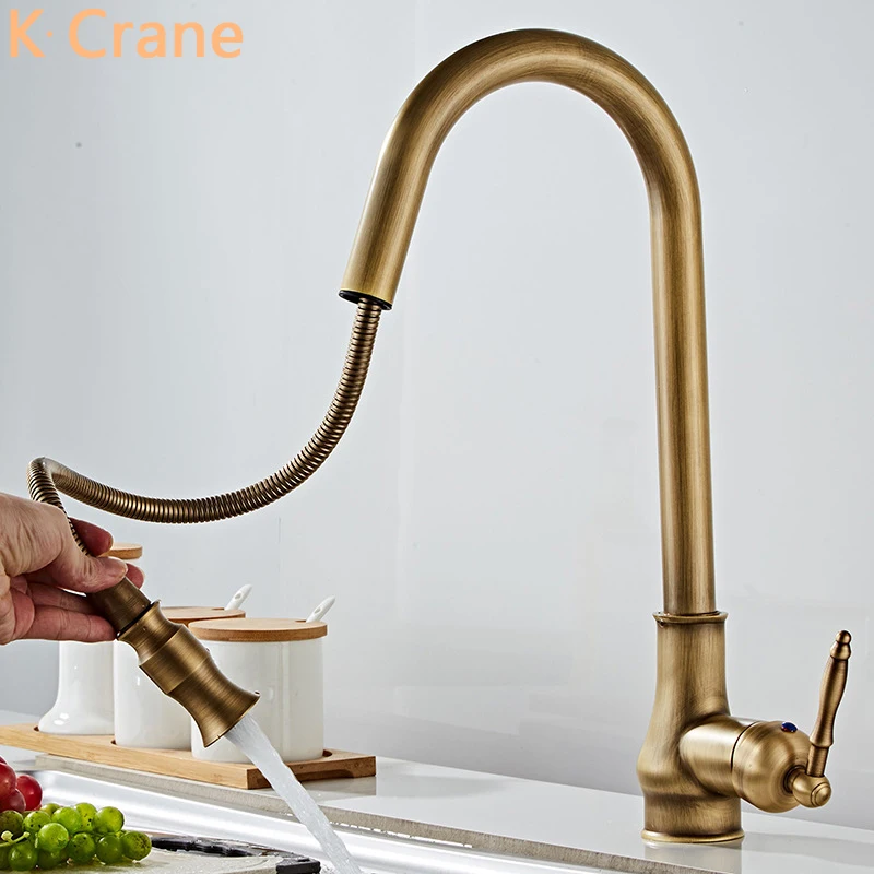 

Pull Out Kitchen Sink Faucets Antique Gold Brass Tap Hot Cold Water Mixer Torneira Para Cozinha Gooseneck Luxury Vintage Kraan