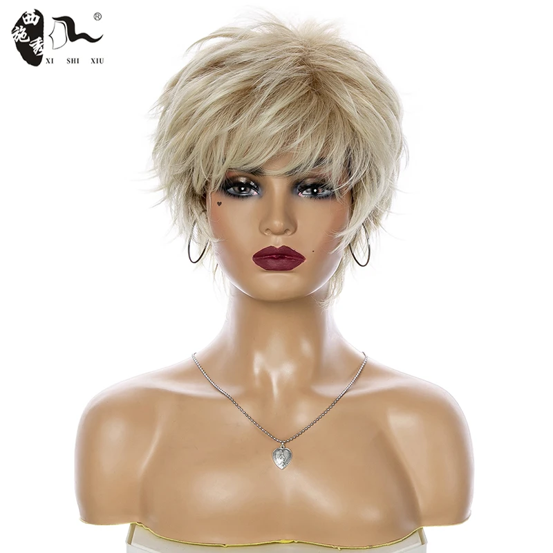 Short Pixie Cut Synthetic Wig With Bangs For Women Mixed Blonde Brown Natural Wave Hair High Temperature Mommy Daily Wear Wigs