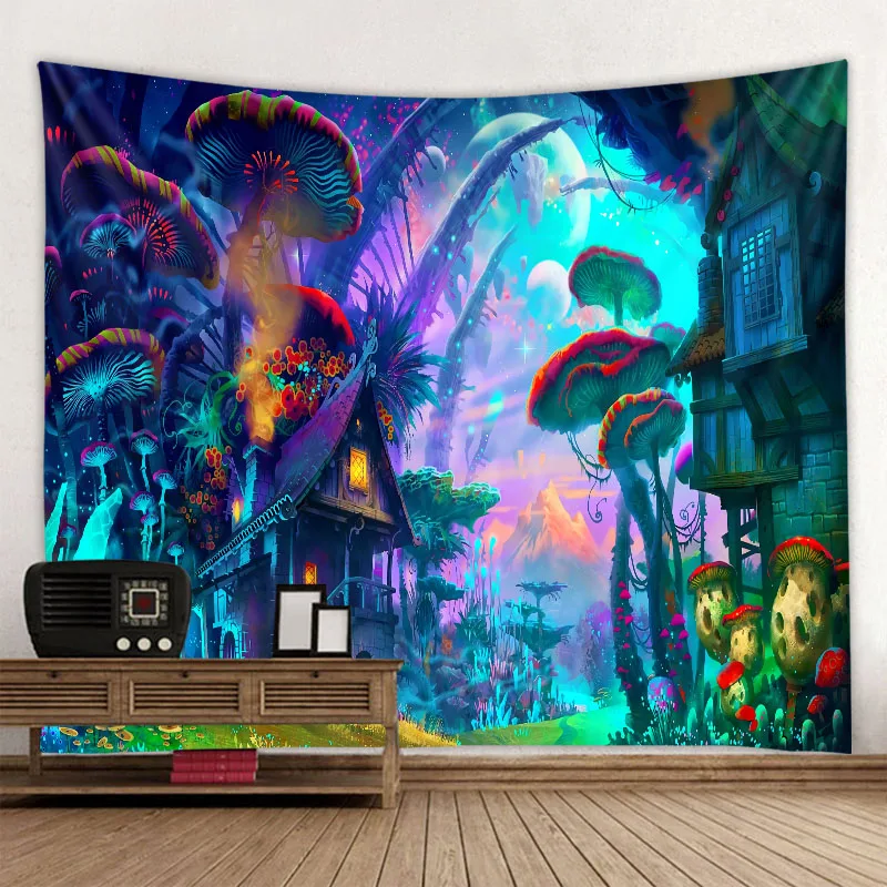 Psychedelic Mushroom 3D Printing Tapestry Hippie Fantasy Colorful Art Tapestry Mandala Bohemian Family Dormitory Wall Decoration