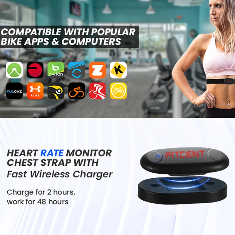 FITCENT – moniteur de fréquence cardiaque Rechargeable, avec Bluetooth ANT +, capteur de sangle de poitrine 5.3Khz, pour Machine à ramer Peloton Zwift Polar