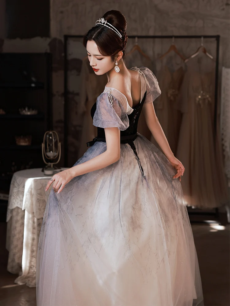 Elegant Gradient Banquet Party Dress Puff Sleeve Tulle O-Neck Floor-Length Princess Dresses Fashion Slim Female Party Gown