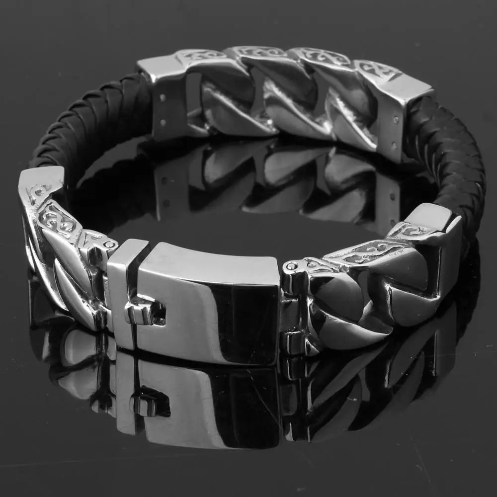 Perfect Technology Vintage Black Leather Silver Color Charming Men Boy Bracelet Cuff Jewelry Stainless Steel Gift