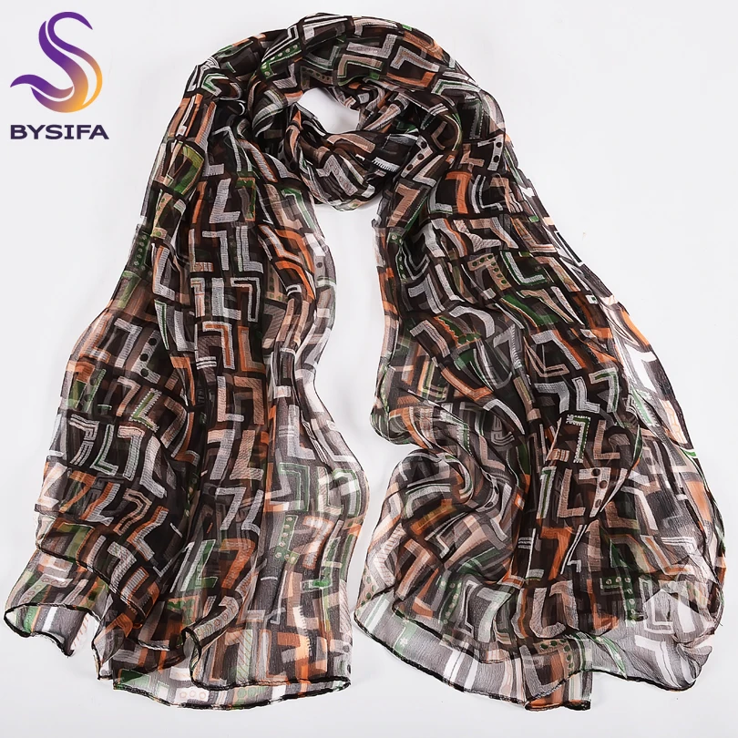 [BYSIFA] New Coffee Letter Silk Scarf Hijabs 2020 Women Long Scarves Autumn Ladies Pure Silk Scarves Fashion Brand Neck Scarves