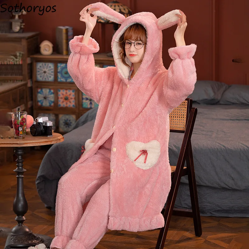 

Women Winter Pink Flannel Robes Sweet Kawaii Knee Length Baggy Comfort Sleepwear Cute Plush Bathrobe High Quality Coral Fleece