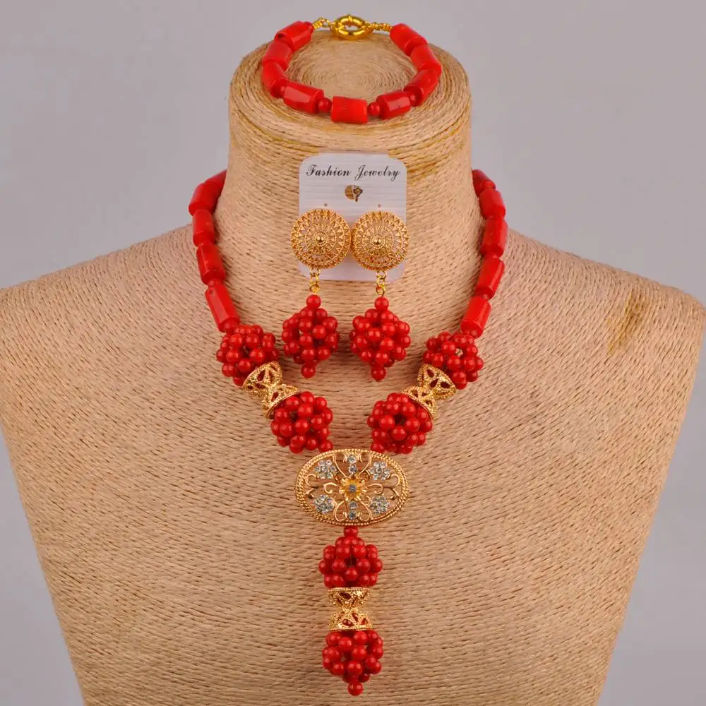 

African beads cylindrical red coral beads jewelry African beads necklace fashion jewelry Nigerian wedding jewelry sets SH-06