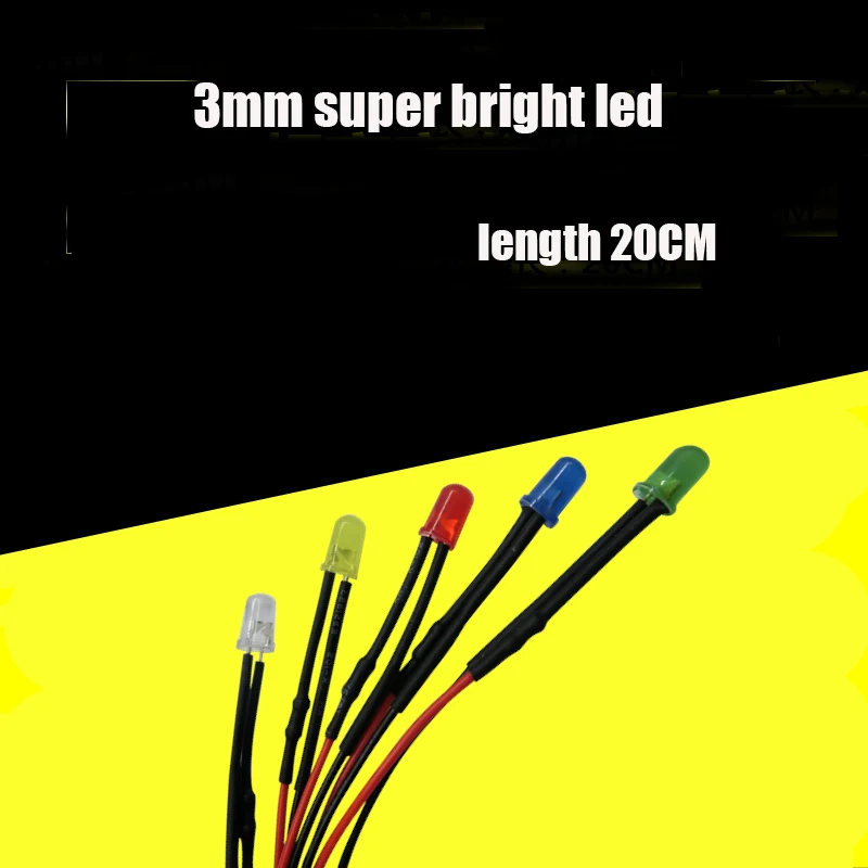 3MM light emitting diode With cable 9-12V White Yellow Blue RED Super bright Led Diode 3MM Green light  white LED lamp 20cm