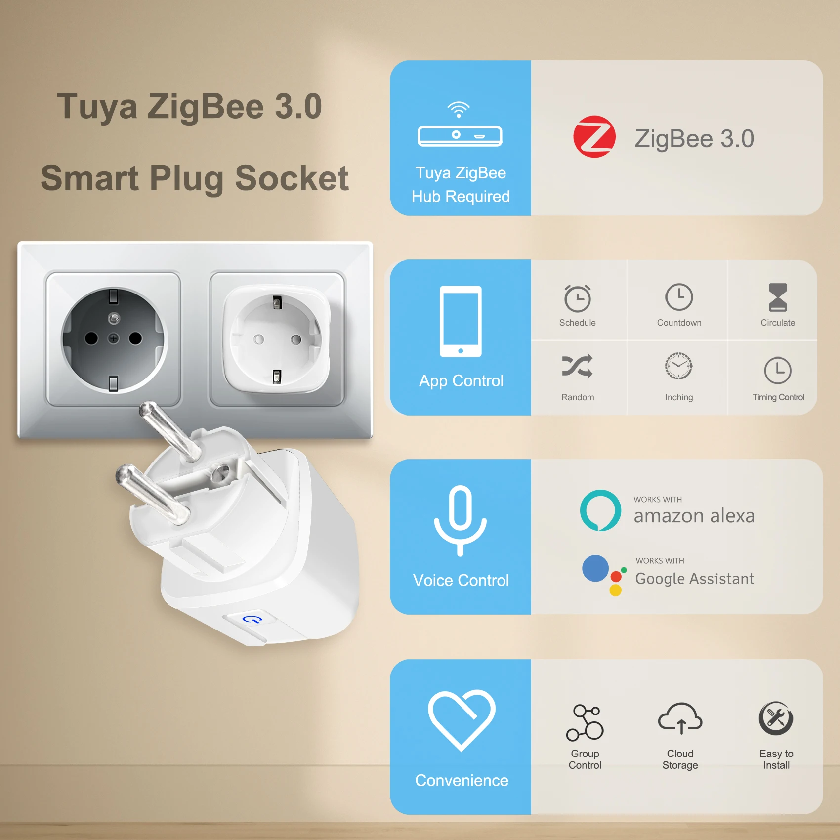 Tuya ZigBee 3.0 inteligentna wtyczka 16A z monitorem zasilania aplikacja bezprzewodowa z pilotem gniazdko pracy ue z Alexa Google Home