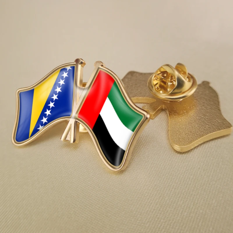 Bosnia and Herzegovina and United Arab Emirates Crossed Double Friendship Flags Lapel Pins Brooch Badges