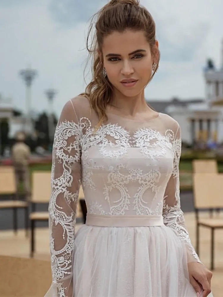 تول كم طويل فستان الزفاف 2021 الدانتيل بوهو فساتين العروس الأميرة ألف خط خمر فساتين الزفاف أزرار Vestido de Noiva #5