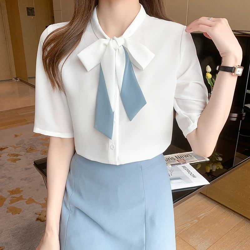 Blusas Blouses Femme Short Sleeve Blouse Women Blusas Mujer De Moda 2024Bow V-Neck Chiffon Blouse Shirt Tops Women Shirts E931