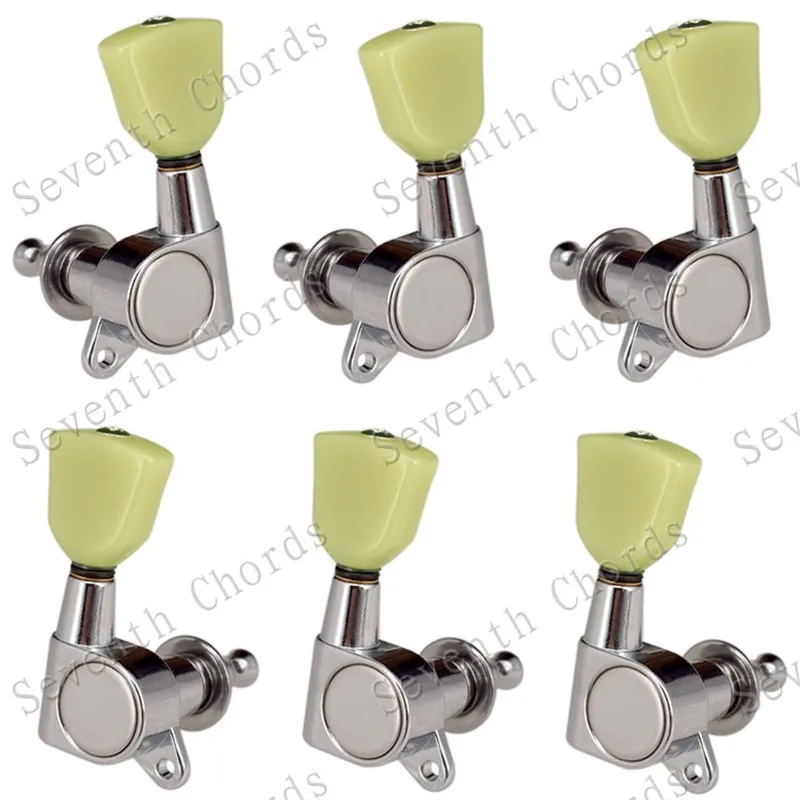 Ein Set mit 6 Stück versiegelten Mechaniken für Gitarren, inklusive Stimmwirbeln, Stimmknöpfen und Trapez-Jade-Grün-Knöpfen, Gitarrenzubehör und -teile. – Detail 1
