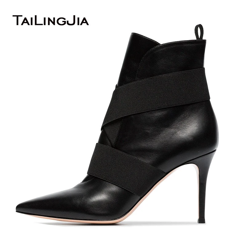 

Stiletto High Heels Short Booties Pointed Toe Fashion Black PU Leather Elastic Ladies Elegant New Arrival Ankle Boots Large Size