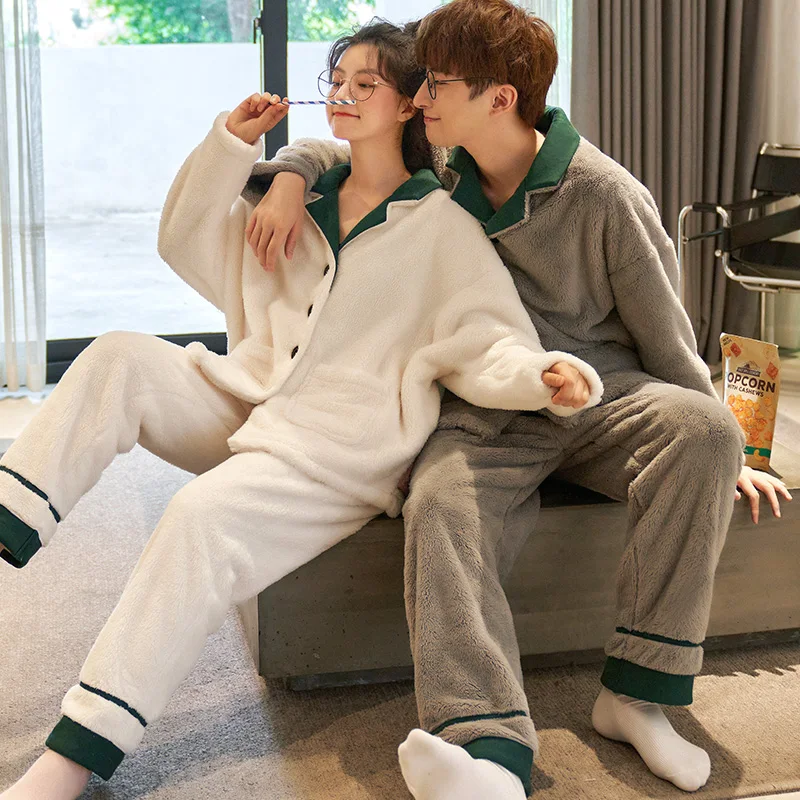 Winter Leisure M-3XL Flannel Pajamas Couple Home Service Suit Male Simple Warm Sleepwear