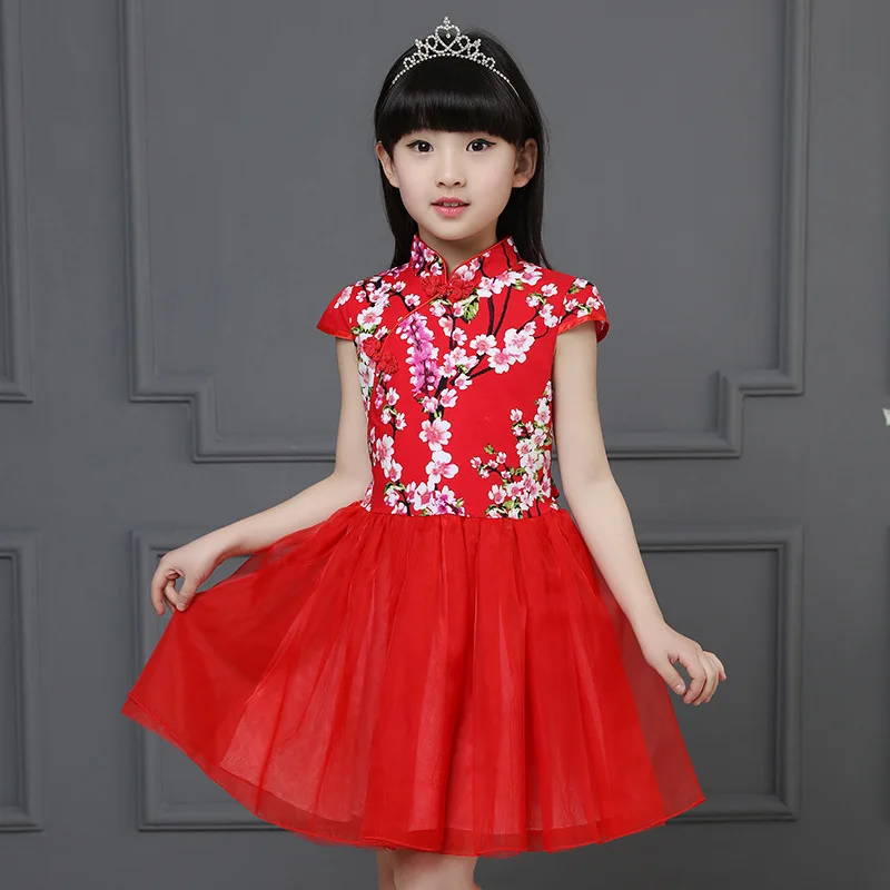 Crianças meninas vestidos de verão vermelho floral bebê menina vestido crianças chinês tradicional cheongsam traje para criança meninas roupas