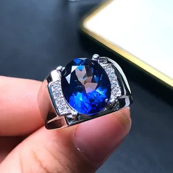 BOCAI 2021 Trendy 100% Real Pure s925 Silver Jewelry Inlaid With Natural Tanzanite Blue Topaz Personalized Men's Ring Adjustment